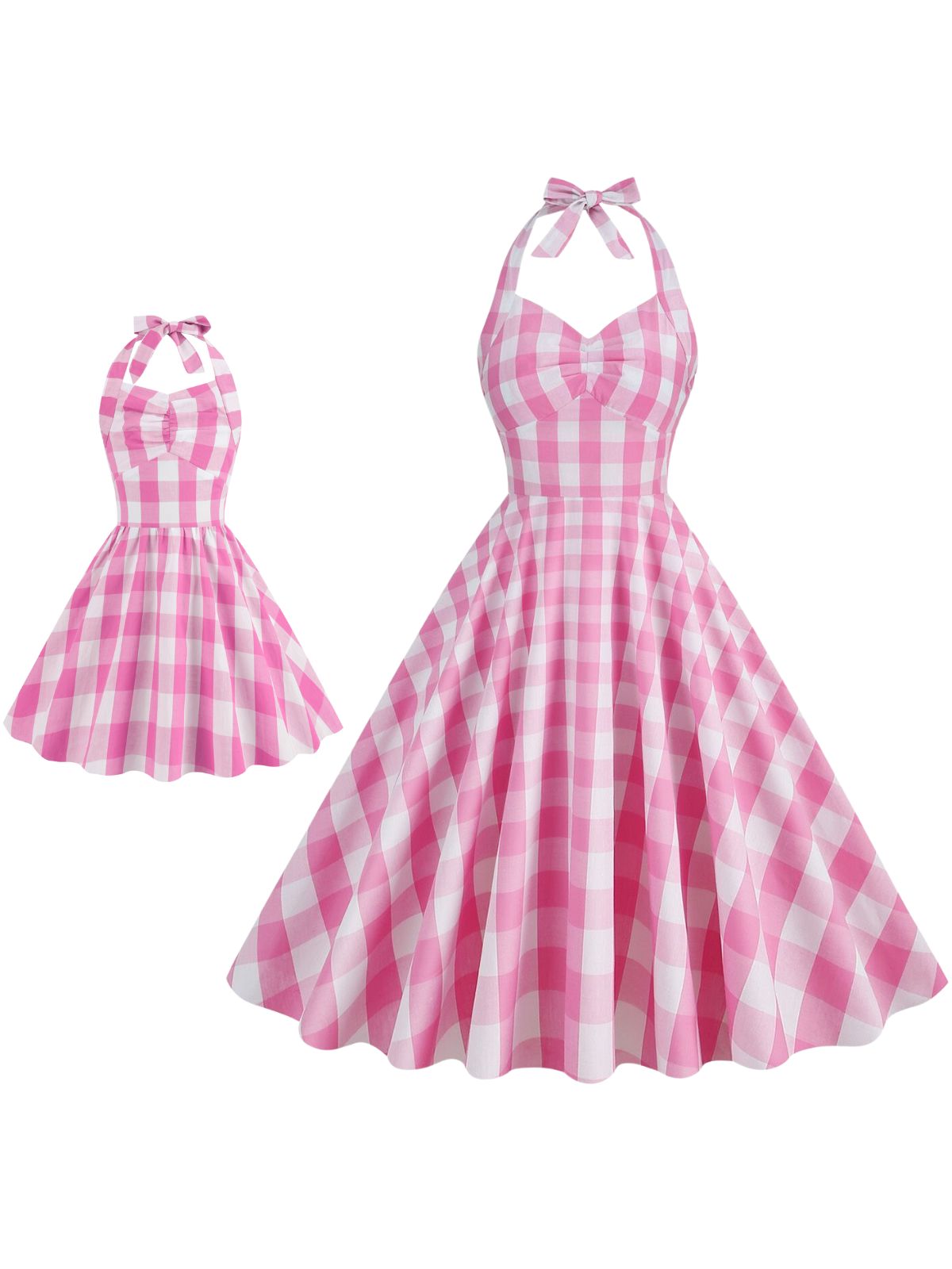 2PCS Parent-child outfit Plaid Halter Swing Dress