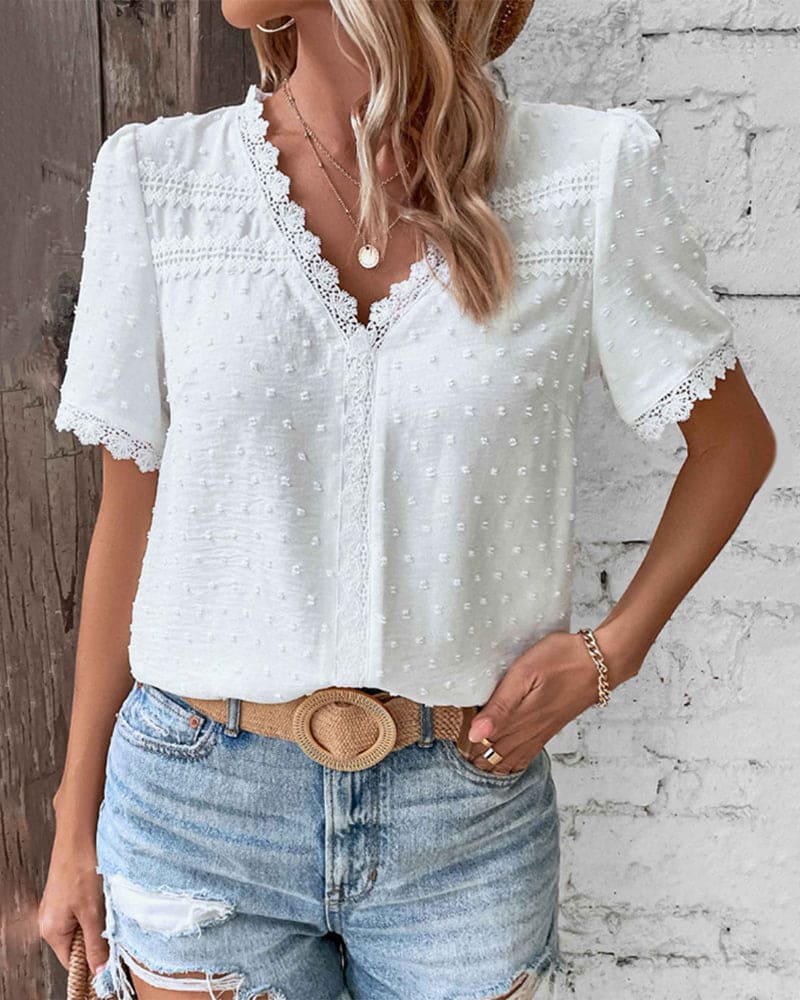 Ivyshape | Women's V Neck Stylish Accent Blouse White