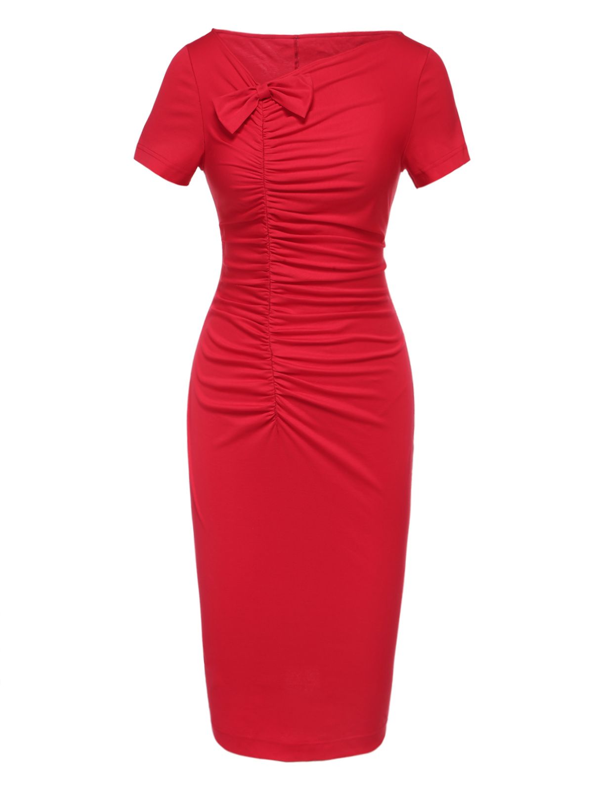 Red  Shirring Bow Solid Wrap Dress