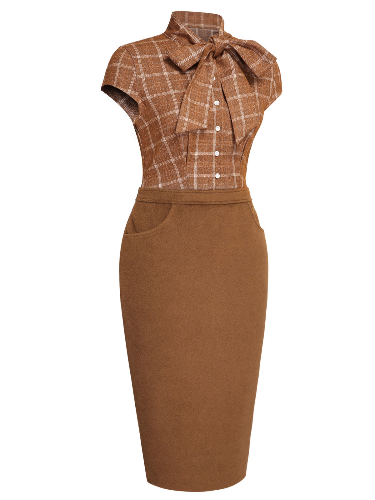 Brown  Plaid Patchwork Pencil Dress