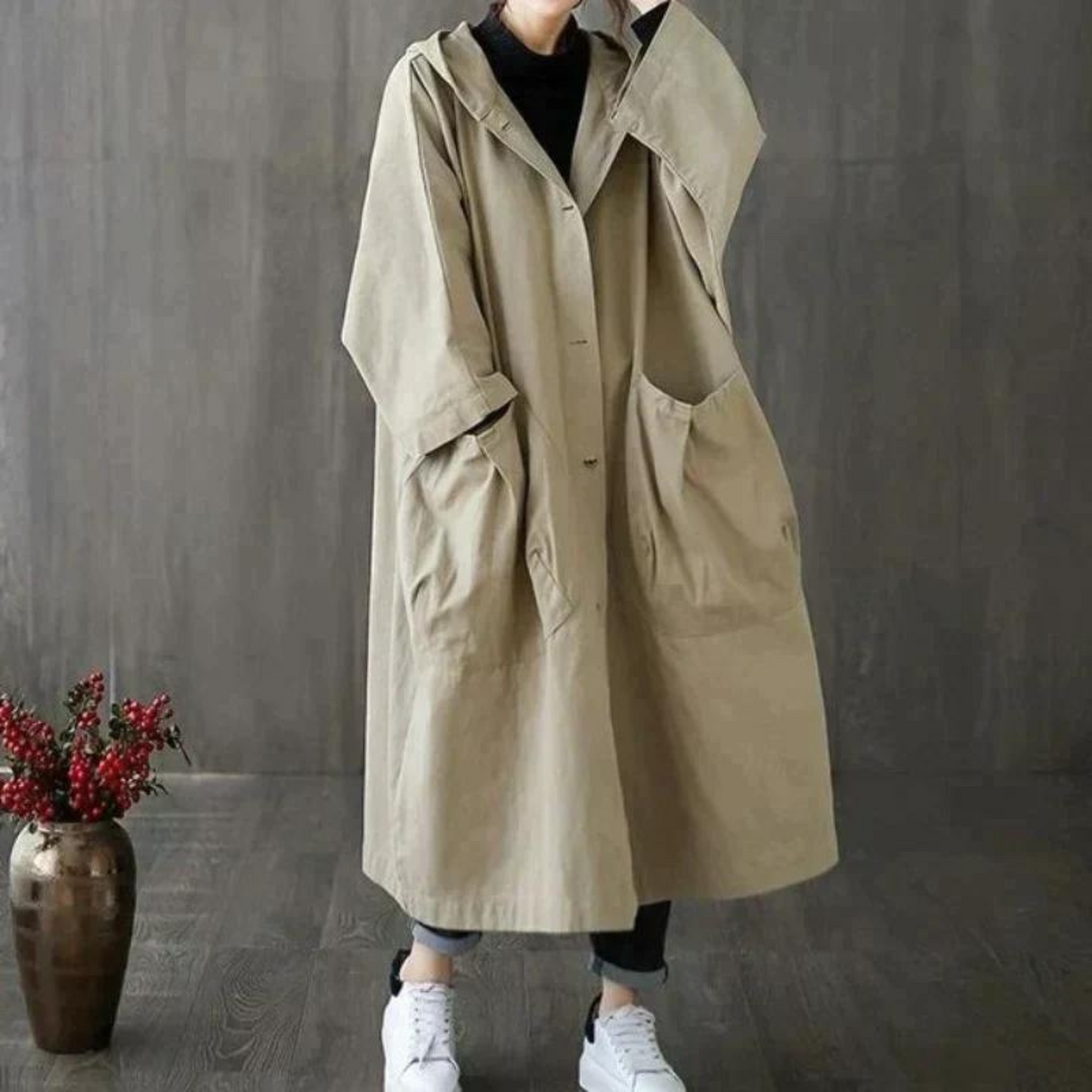 Ivyshape | Oversized Hooded Trench Coat for Women Stylish & Practical