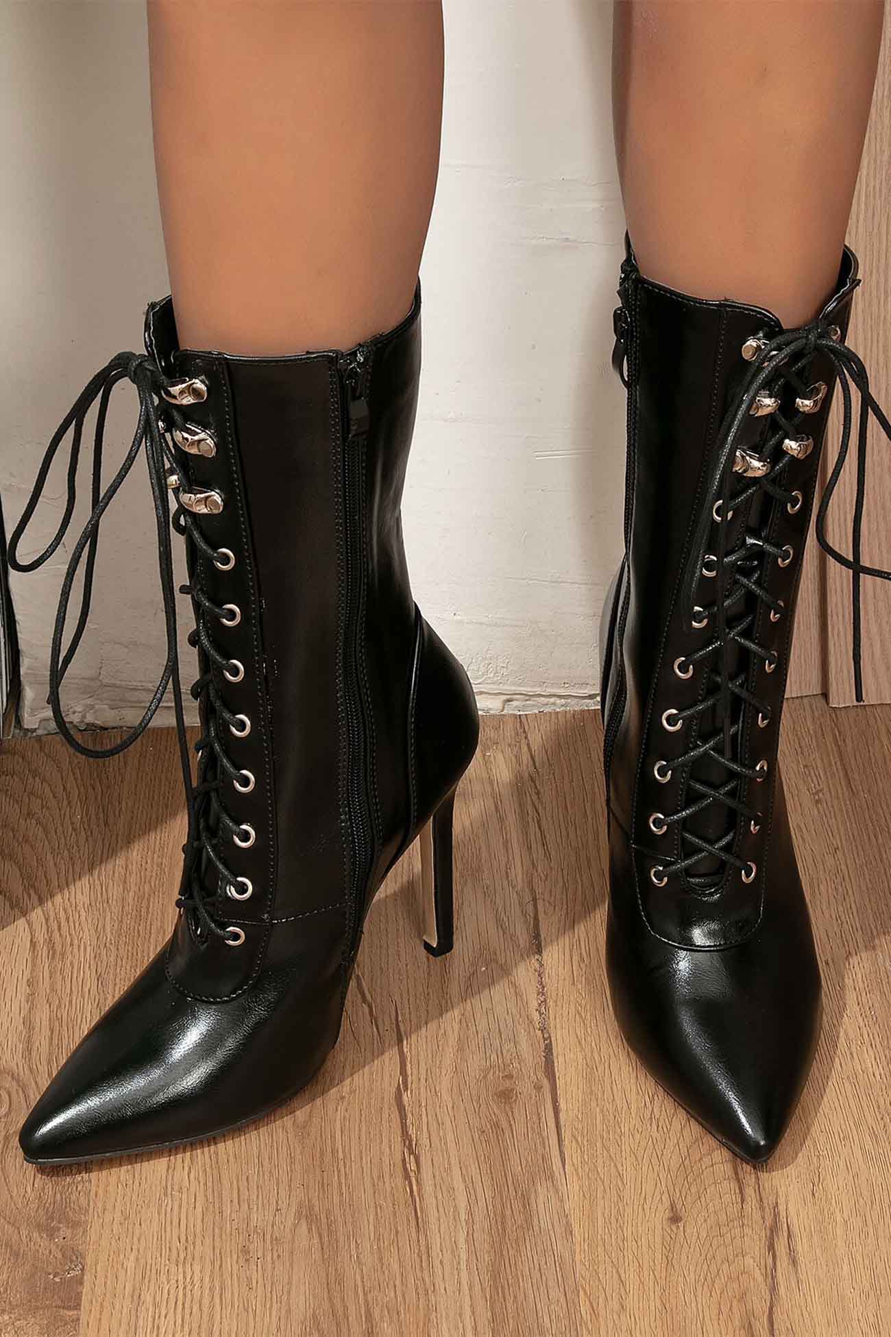 Toe Lace Up Mid-Calf Boots