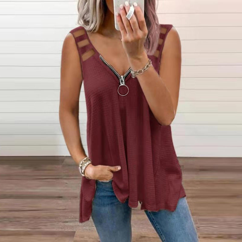 Ivyshape | Women's Zipper V Neck Top Stylish