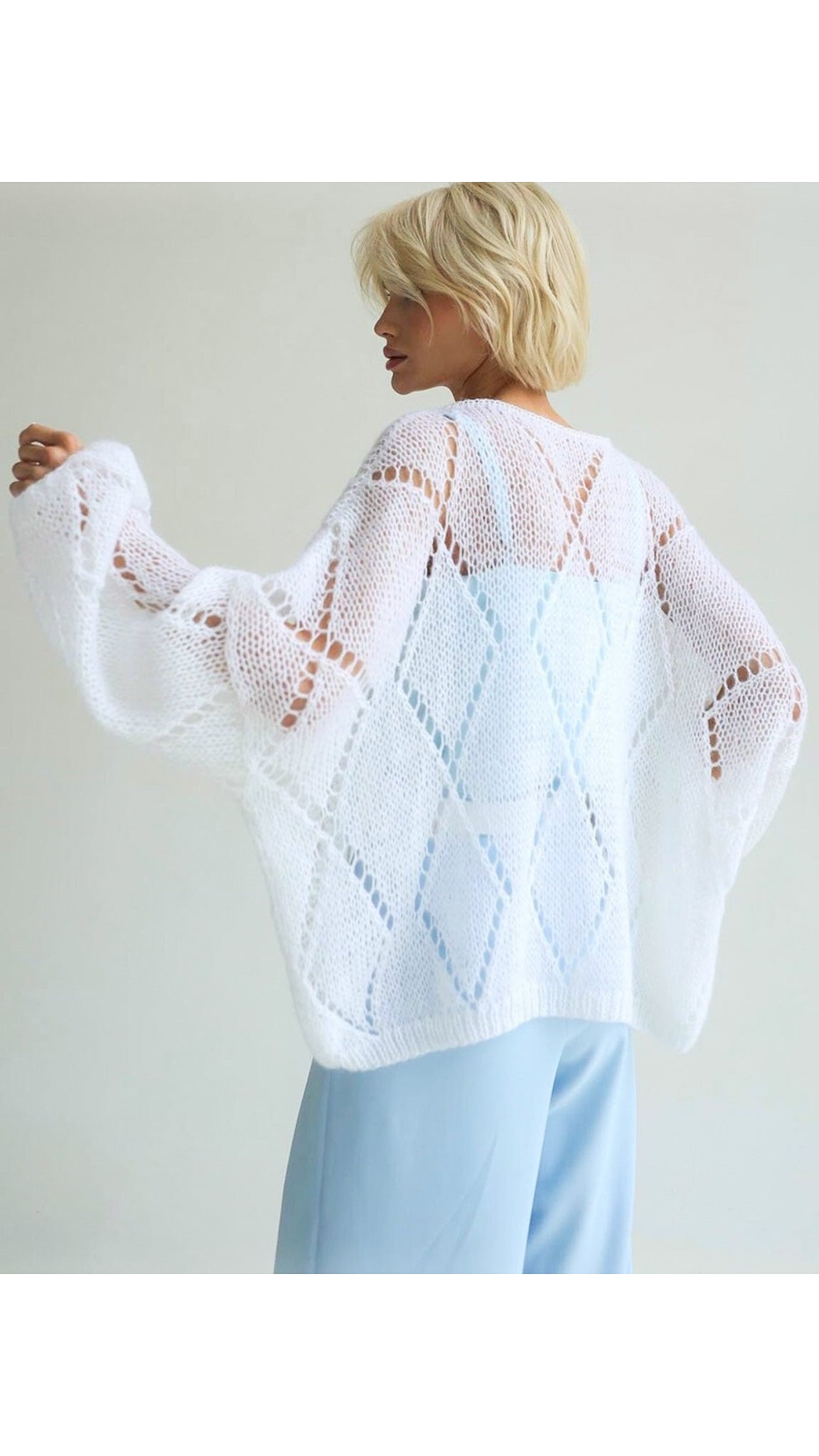 Geometric Knitted Mesh Open Cardigan