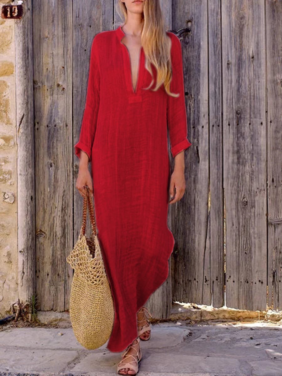 Color V Neck Long Sleeve Casual Maxi Dress