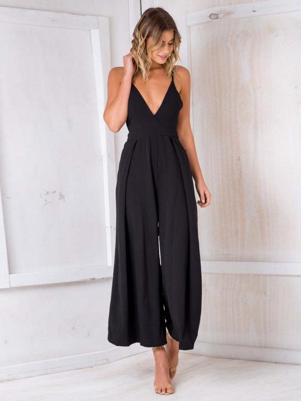 Sexy Spaghetti Strap Solid Color Wide Leg Pants Jumpsuit Rompers