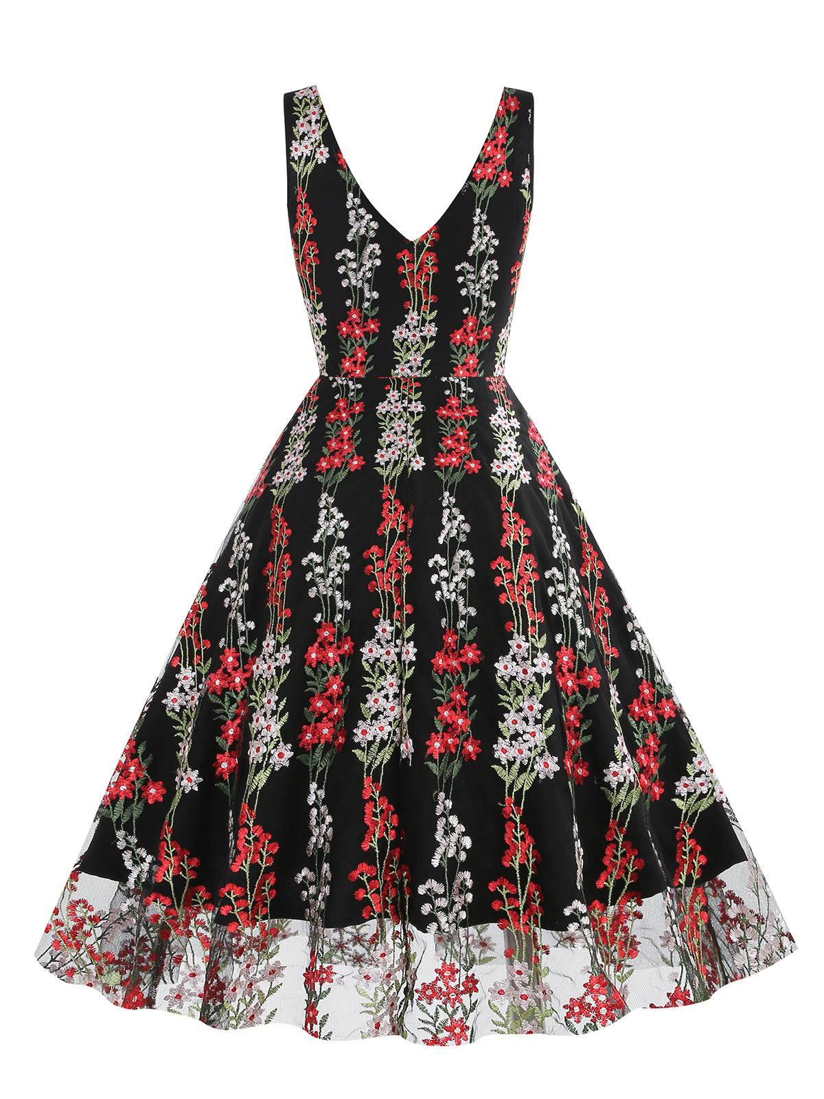 Embroidered Floral V-Neck Swing Dress