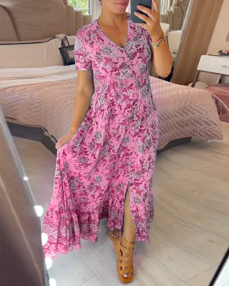 Summer Floral Long Dress with V-Neckline | Ideal for Summer