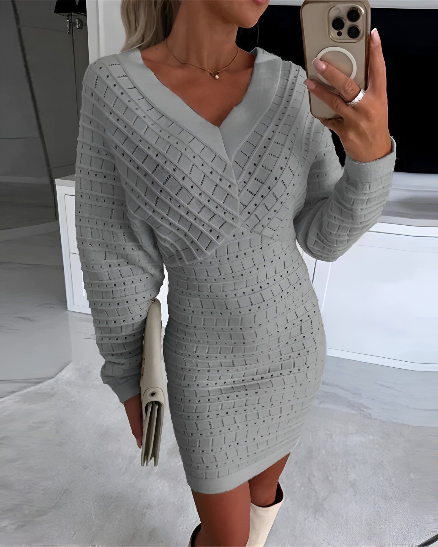 Ivyshape | Knitted V-Neck Long Sleeve Dress