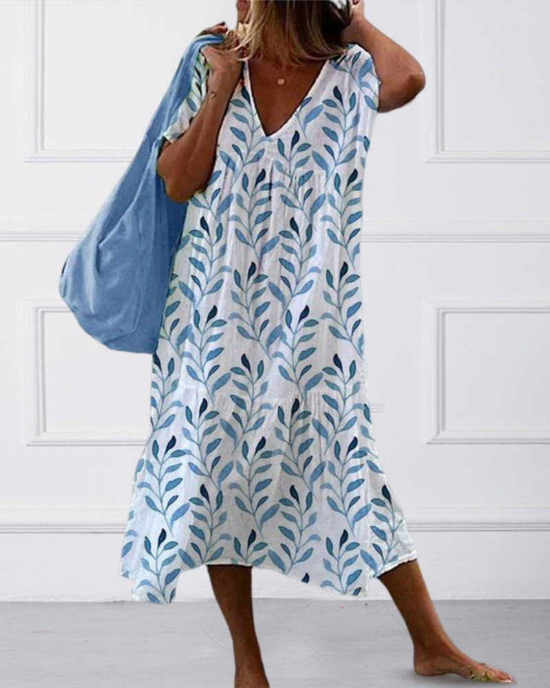 Ivyshape | Leaf Print Midi Dress with Flowing Cut