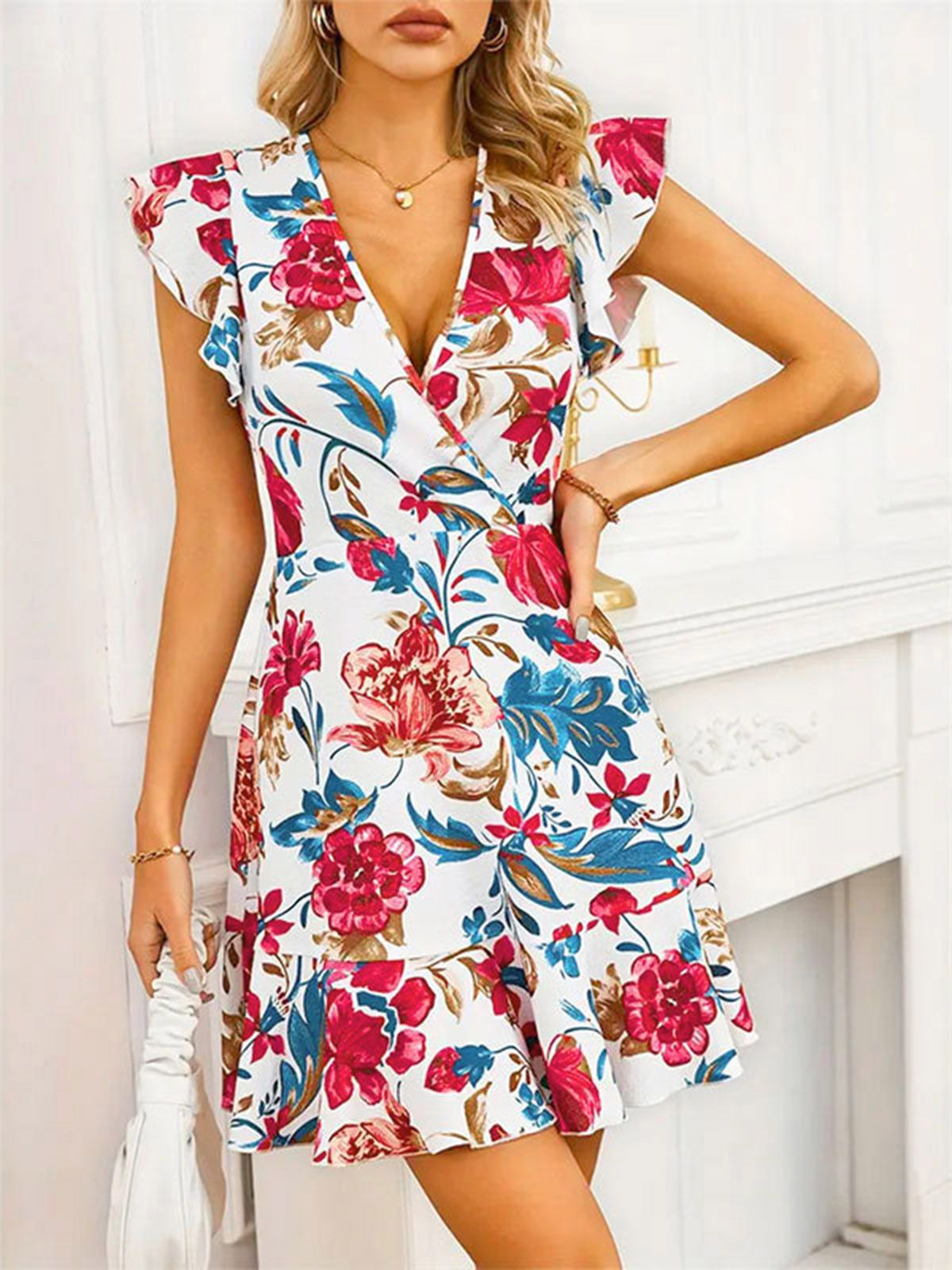 V-Neck Floral Ruffles Flying Sleeve Dress