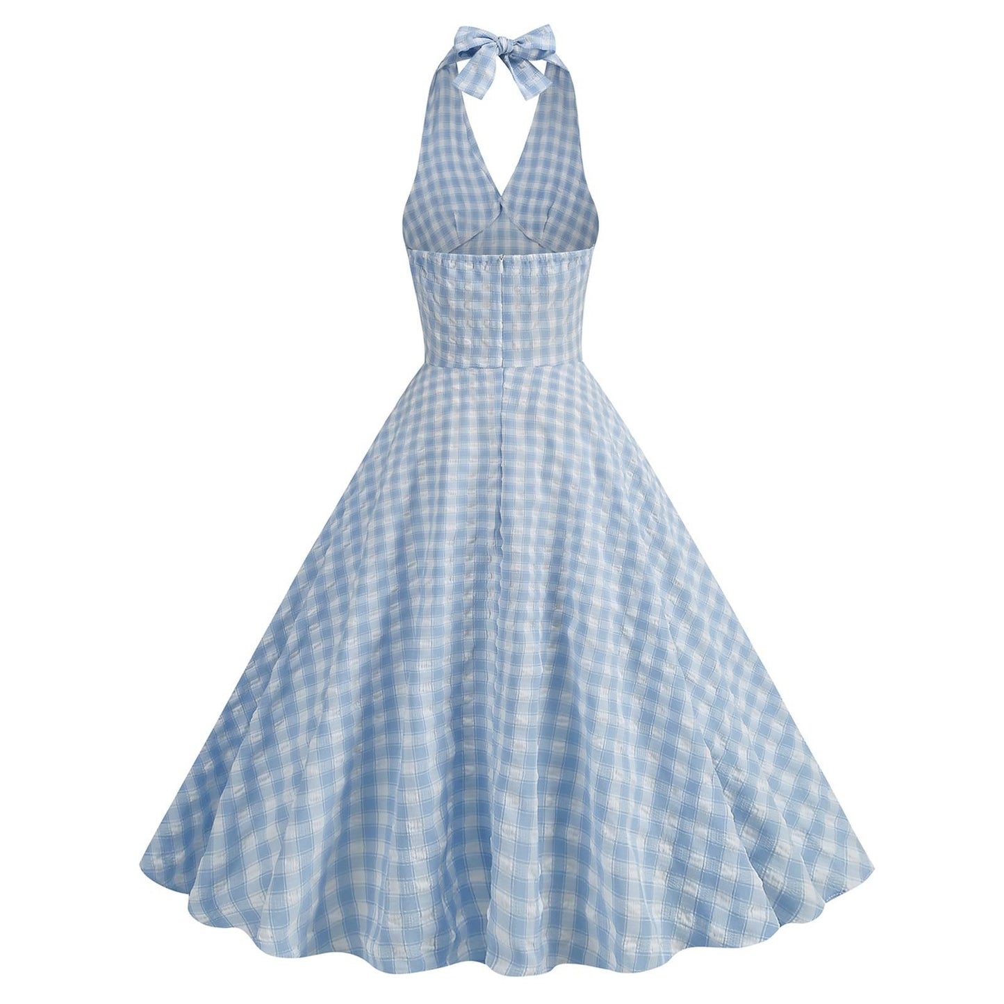 Blue Halter Plaid Swing Dress