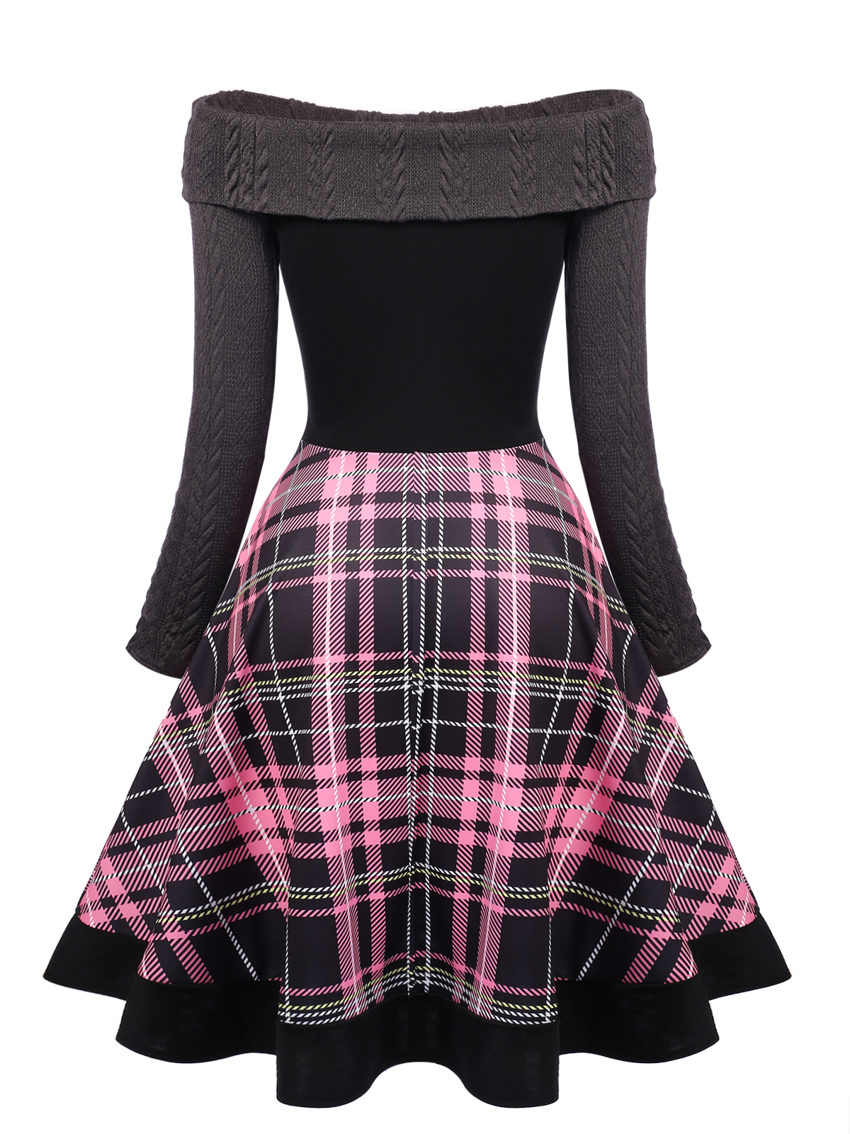 Plaids Off Shoulder Knitted Dress