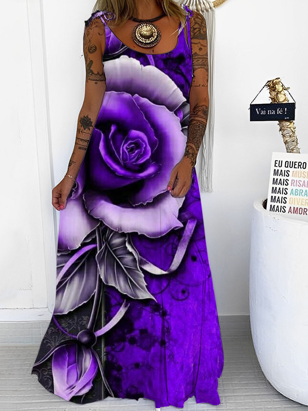 Dark Rose Print Punk Spaghetti Maxi Dress