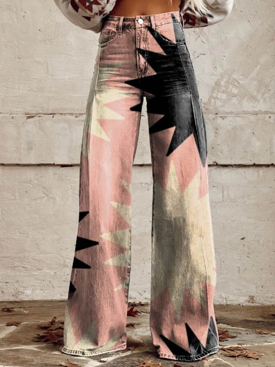 Ivyshape | Women's Pink Printed Denim Pants Flared