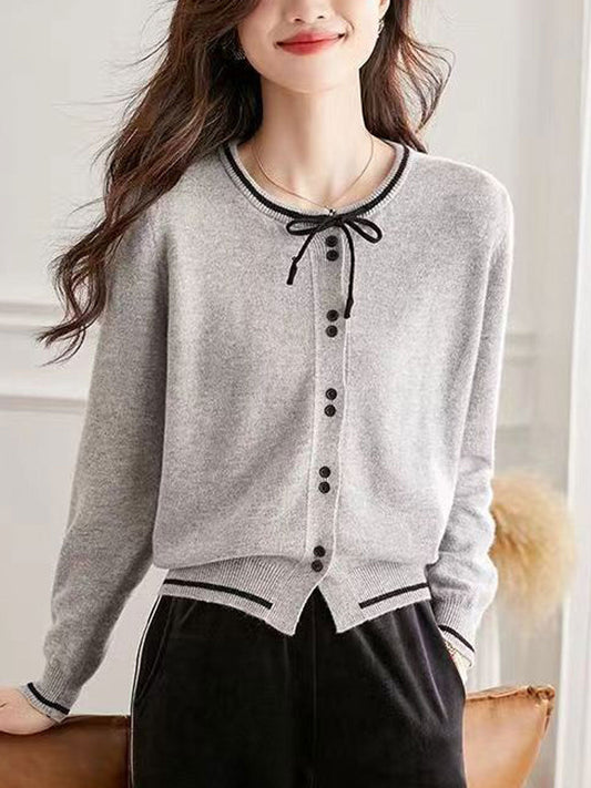 Bow Knitted Cardigan-Gray