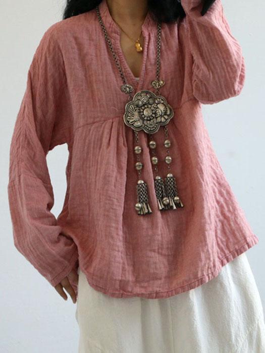 Color Long Sleeve Linen Cotton Loose Tops Blouse