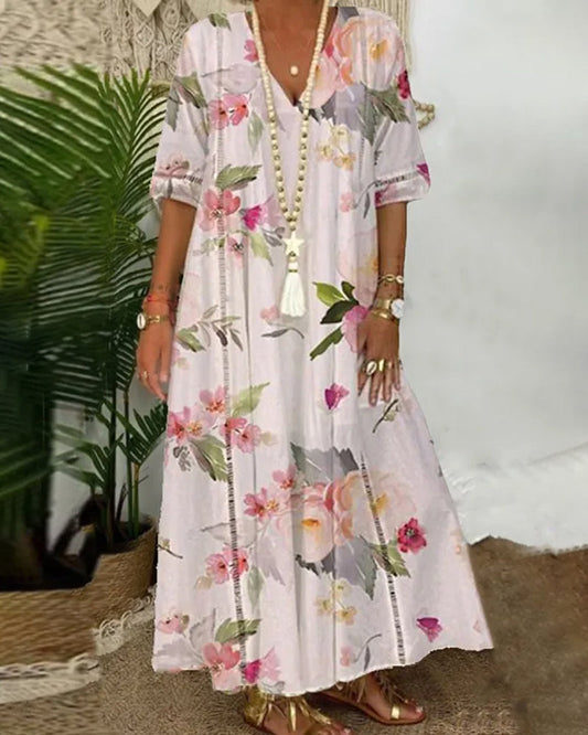 Summer Floral Long Dress with Half Sleeves | Perfect for Casual Days