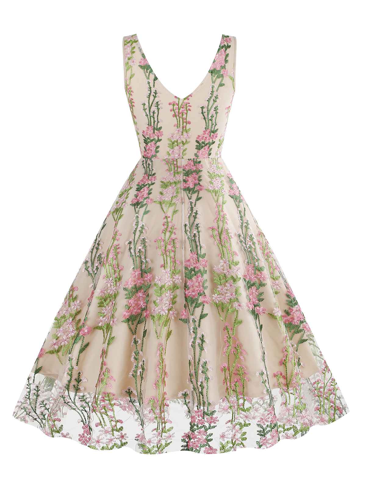 Embroidered Floral V-Neck Swing Dress