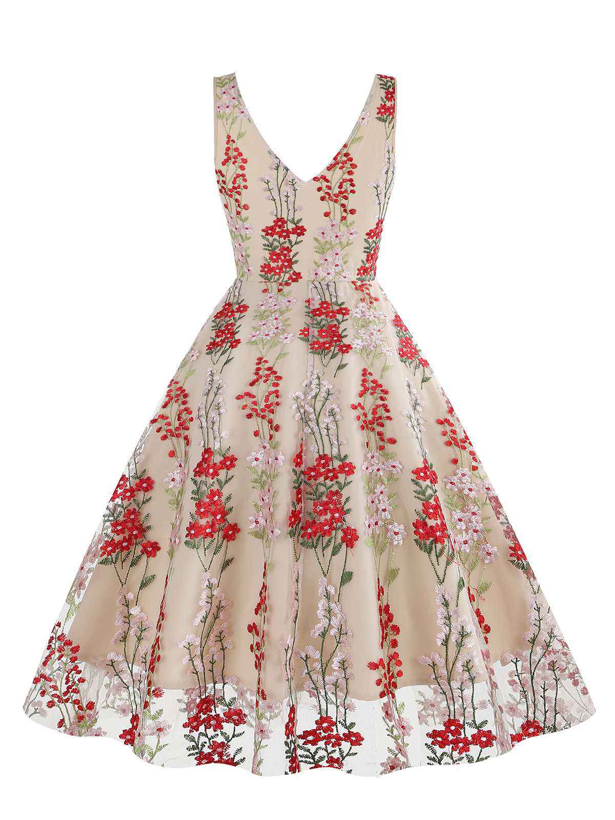 Embroidered Floral V-Neck Swing Dress