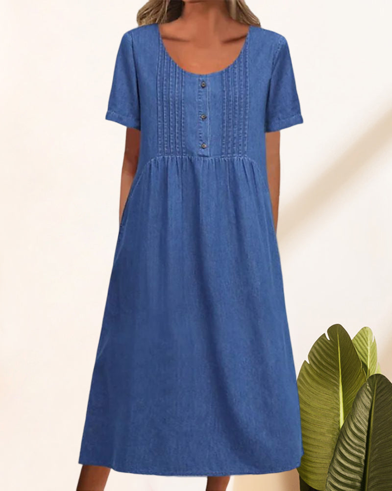 Summer Denim Midi Dress with Short Sleeves | Ideal for Summer