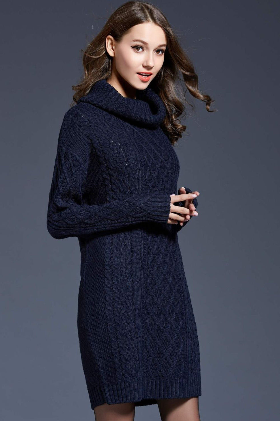 Ivyshape | Knit Cowl Neck Dropped Shoulder Sweater Dress