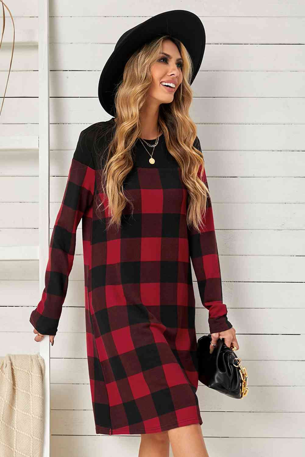 Plaid Round Neck Long Sleeve Mini Dress