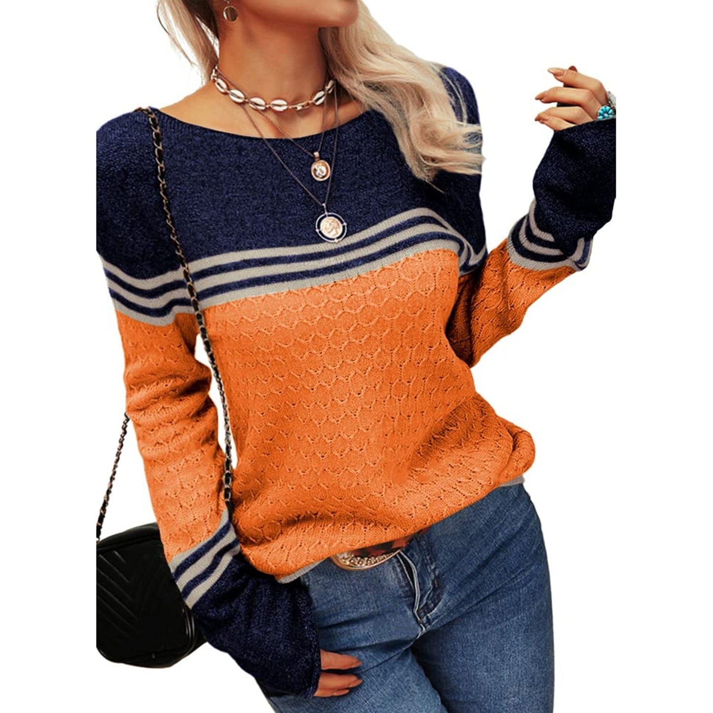 Ivyshape | Pullover Sweaters Round Neck Striped Slim Fitting Knitwear