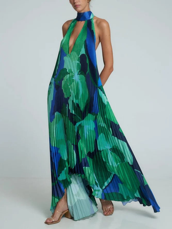 Ivyshape | V Halter Backless Printed Pleated Swing Dress