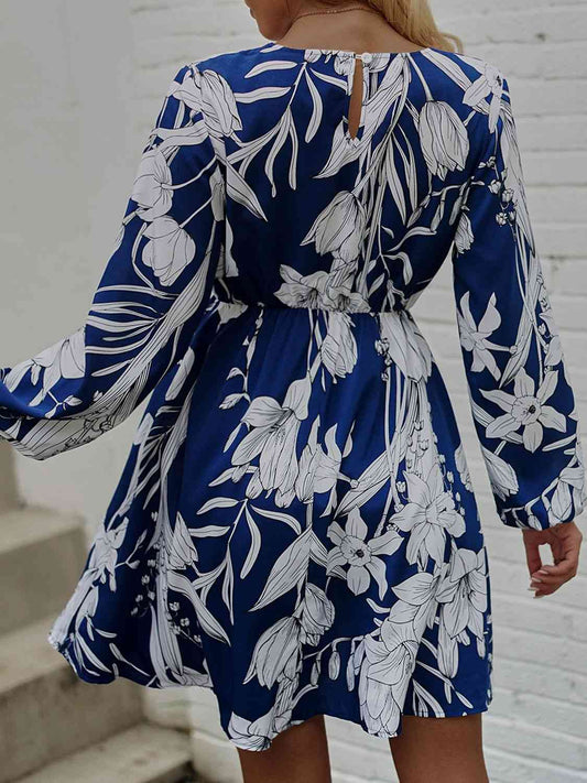 Floral Round Neck Long Sleeve Mini Dress