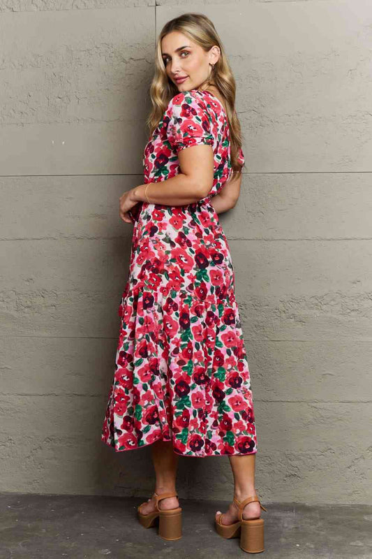 Full Size Belted Surplice Short Sleeve Midi Dress