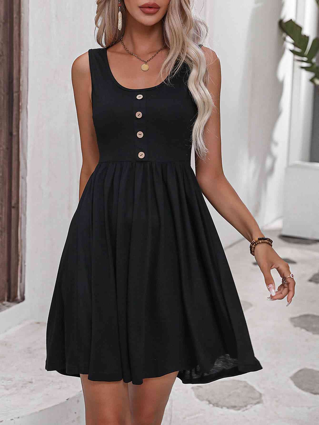 Scoop Neck Buttoned Sleeveless Dress