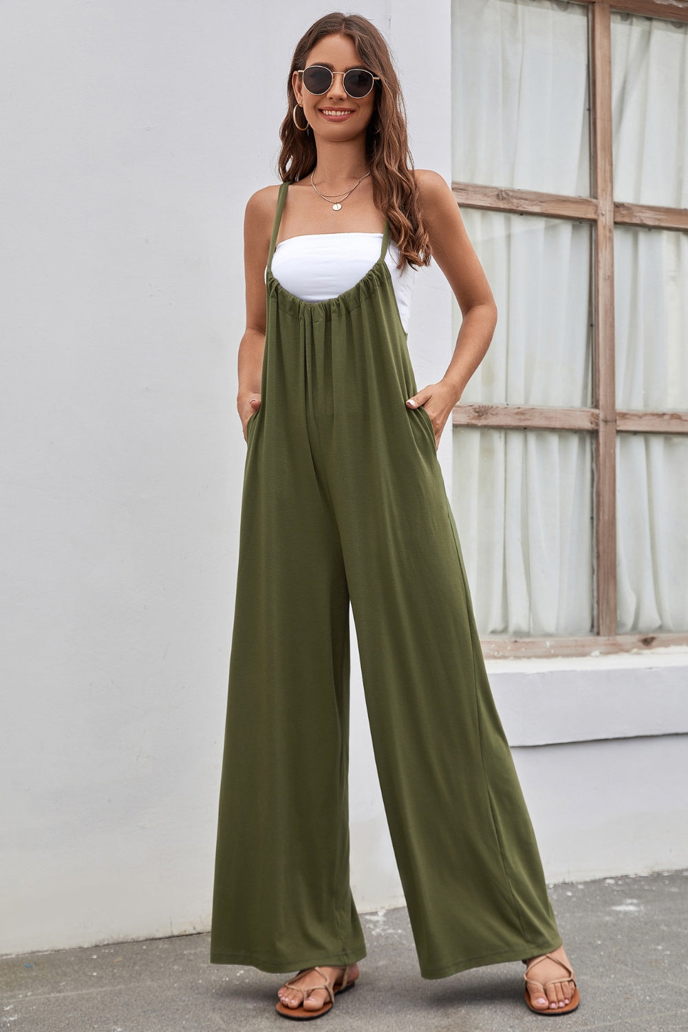 Ivyshape | Tied Spaghetti Strap Wide Leg Jumpsuit