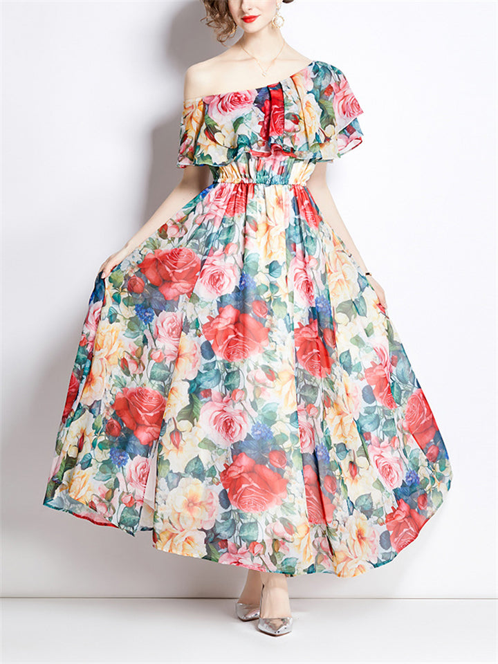 Women's Flourishing Flowers Pattern Chiffon Off-Shoulder Dress