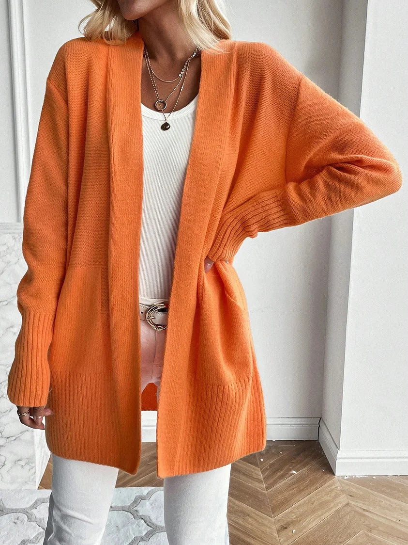 Ivyshape | Mid-Length Cardigan Sweater with Large Pockets and Long Sleeves