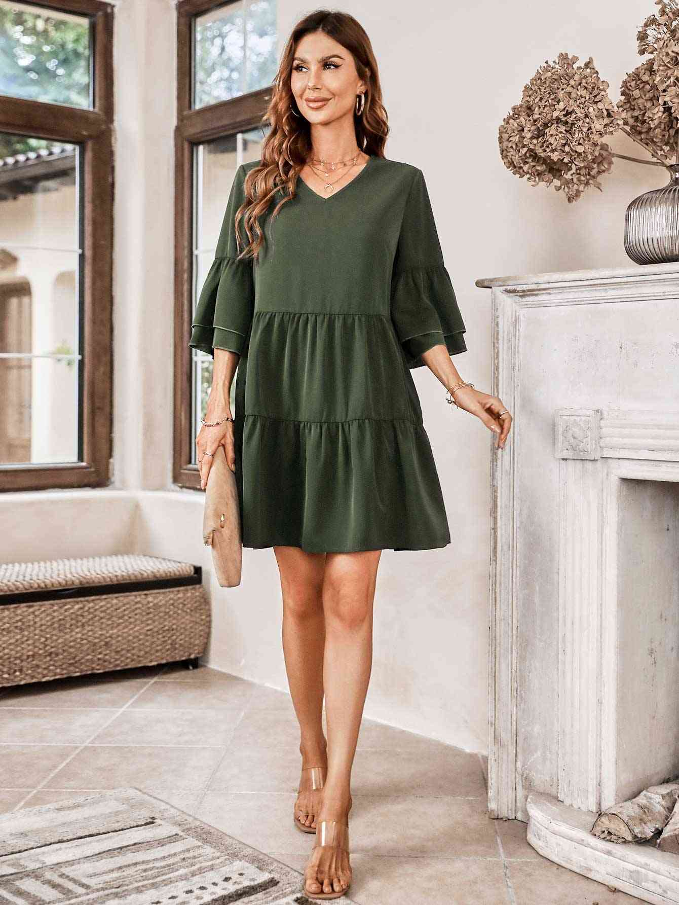 V-Neck Three-Quarter Flounce Sleeve Tiered Dress