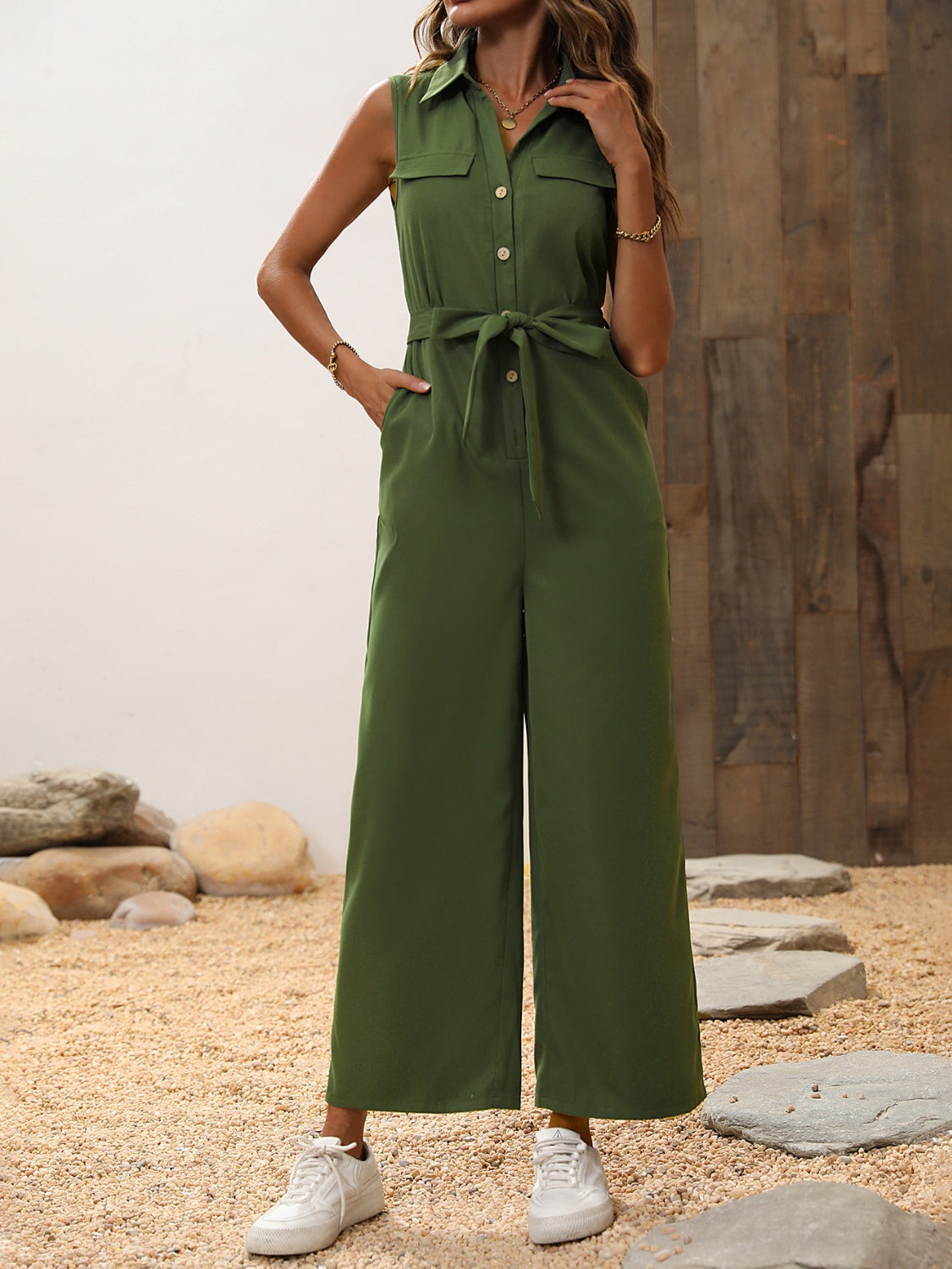 Ivyshape | Tie Waist Sleeveless Wide Leg Jumpsuit