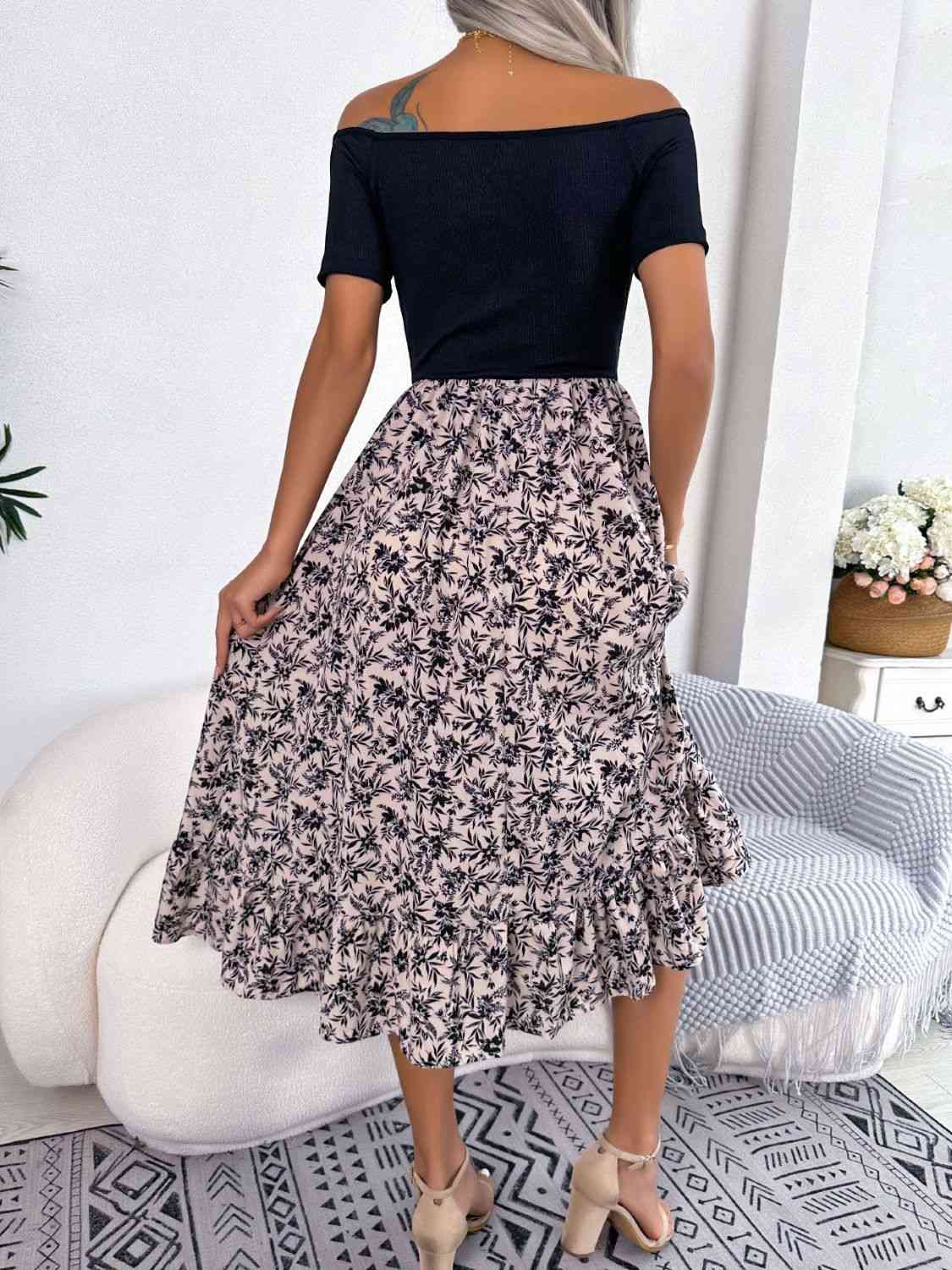 Printed Off-Shoulder Ruffle Hem Dress