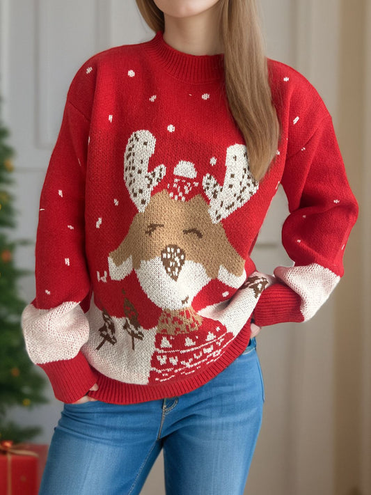 Ivyshape | Women's Long Sleeve High Neck Sweater with Reindeer Motif