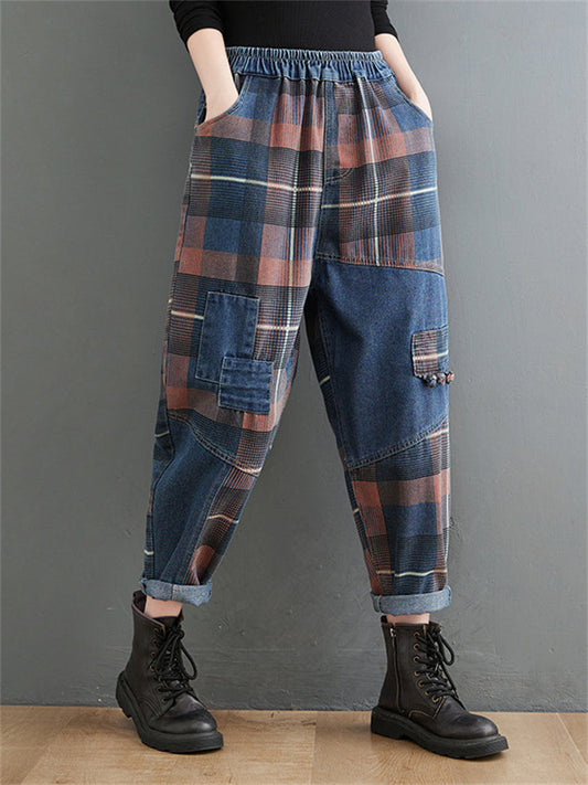 Retro Slimming Color Block Plaid Jeans for Women