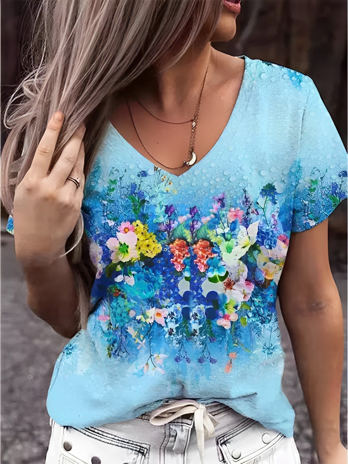 Ivyshape | V-Neck Floral Print Shirt