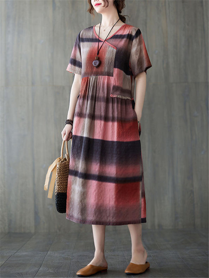 Stylish Contrast Color Plaid Dress for Women