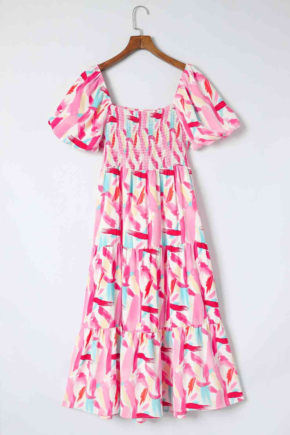 Printed Square Neck Tied Smocked Dress