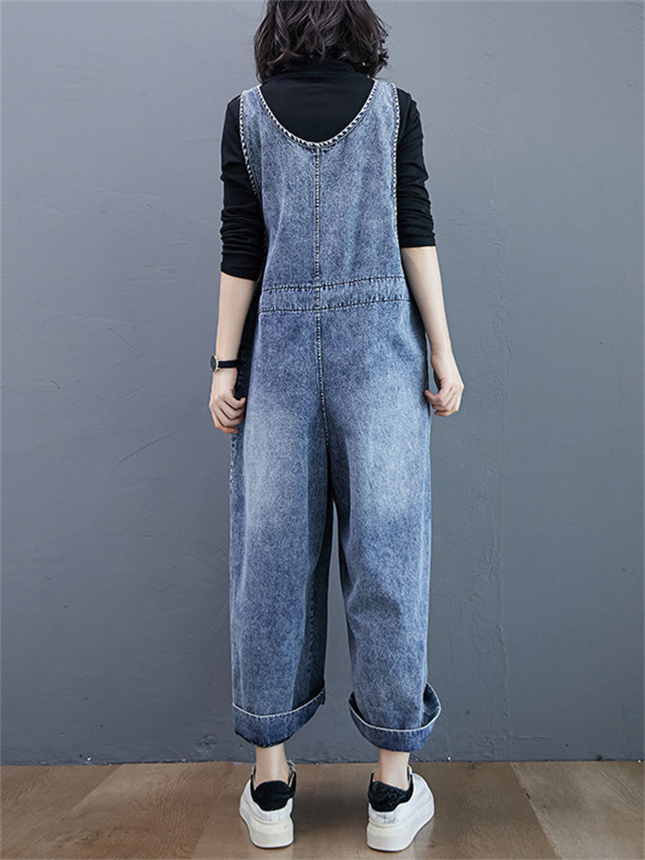 Women's Leisure U Neck Washed Straight Leg Denim Overalls