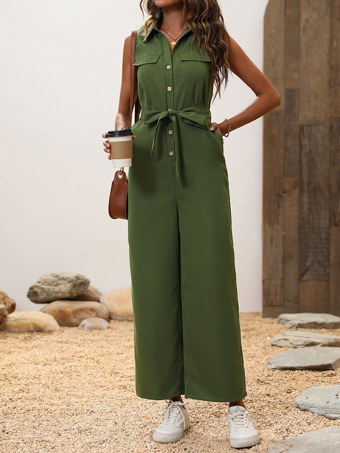 Ivyshape | Tie Waist Sleeveless Wide Leg Jumpsuit