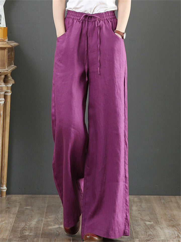 Women's Simple Linen High Waist Drawstring Wide Leg Pants