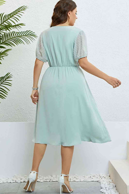 Swiss Dot Mesh Sleeve Buttoned Dress