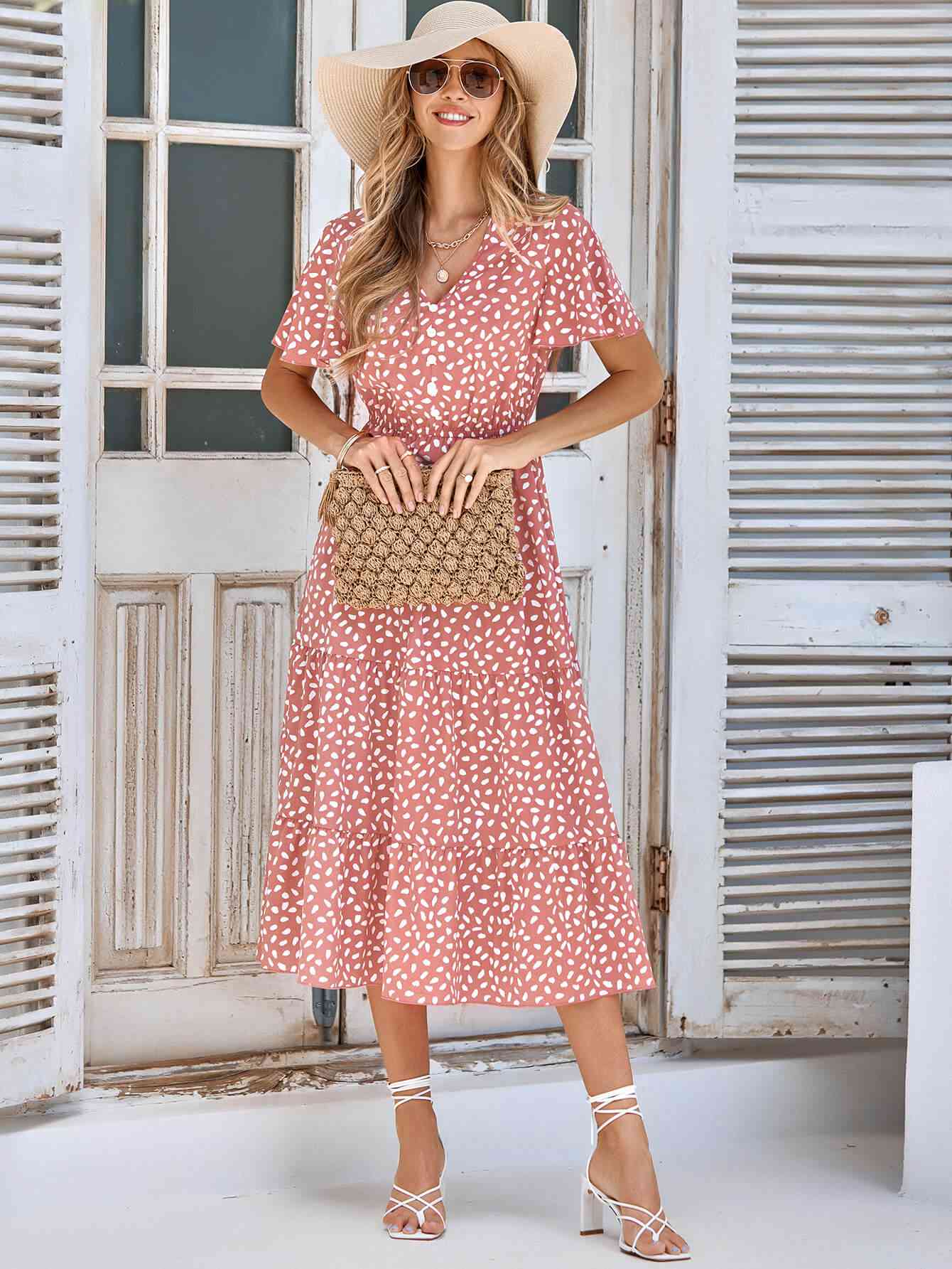 Printed Flutter Sleeve Tiered Dress