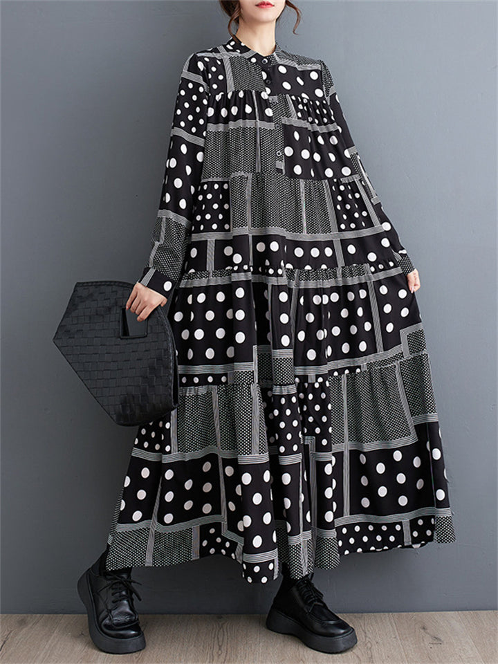 Women's Black & White Polka Dot Plaid Pleated Dress