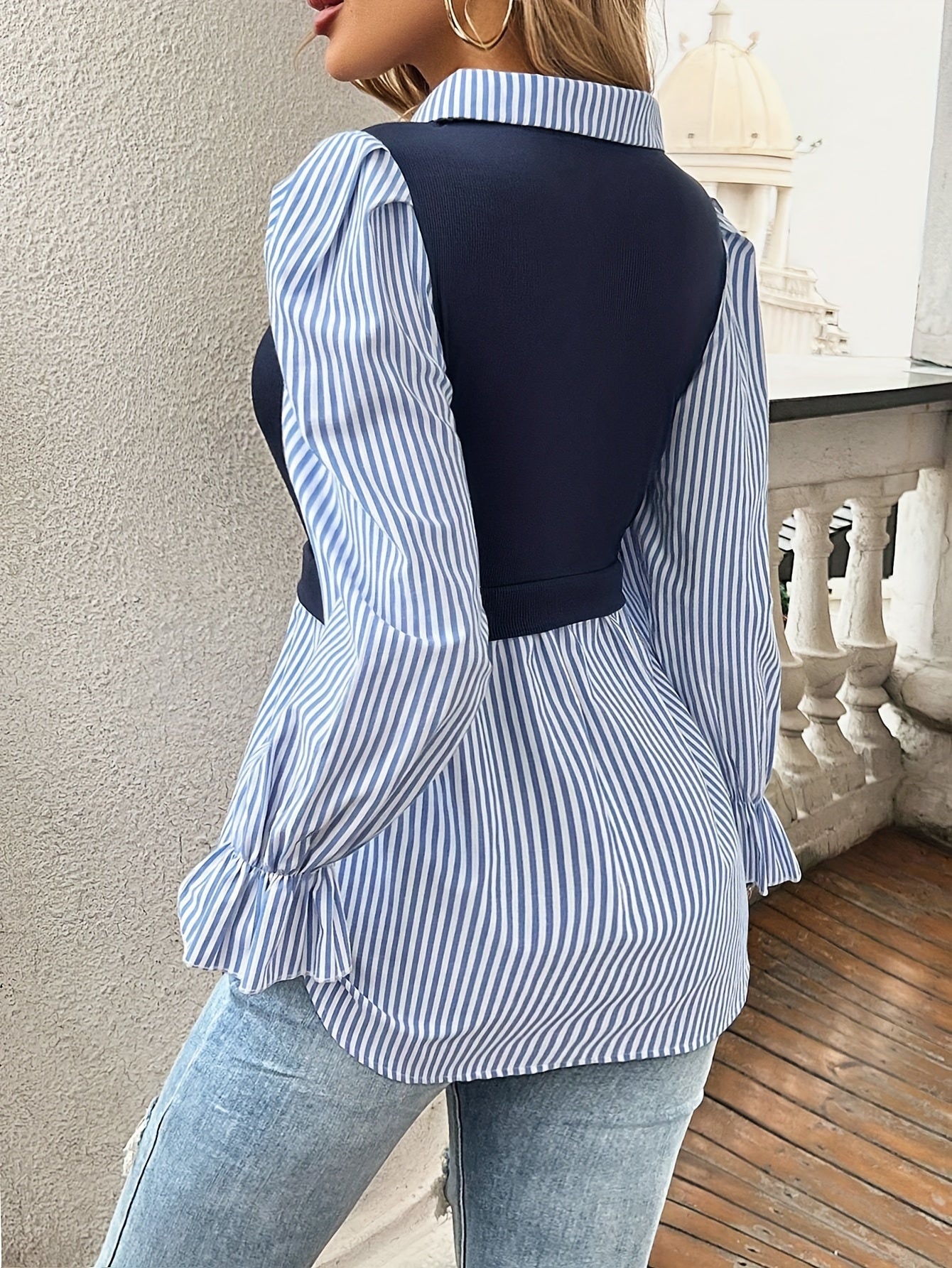 Ivyshape | Striped Color Block Blouse with Button Front for Women